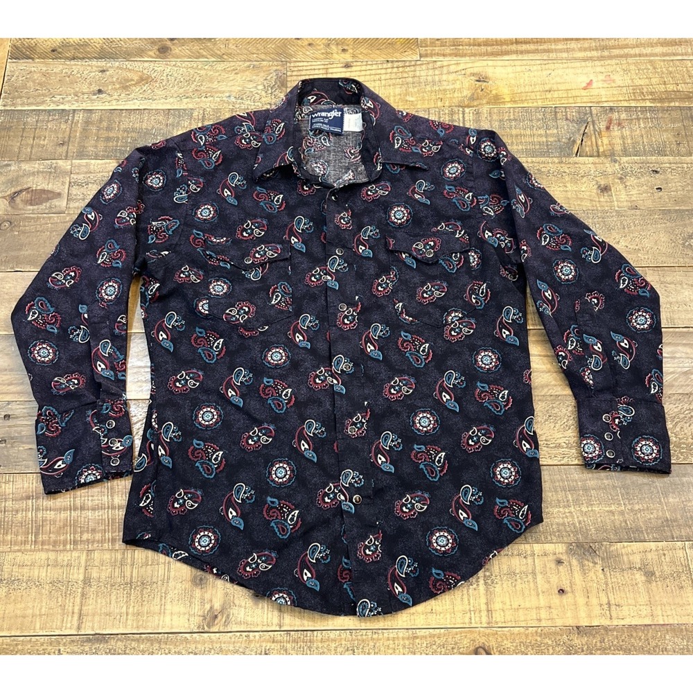 Vintage Wrangler Shirt Mens Medium Blue Paisley Western Pearl Snap Made USA 90s